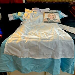 Halloween Blue Dress White Trim apron blonde bob wig maid wonderland bowtie